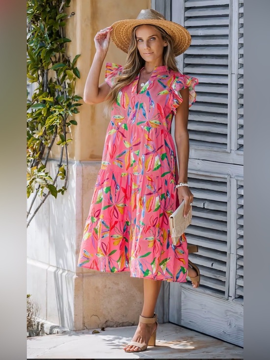 Lavender J Dresses & Skirts - Bright Pink Floral Tiered Midi Dress with Flutter Sleeves